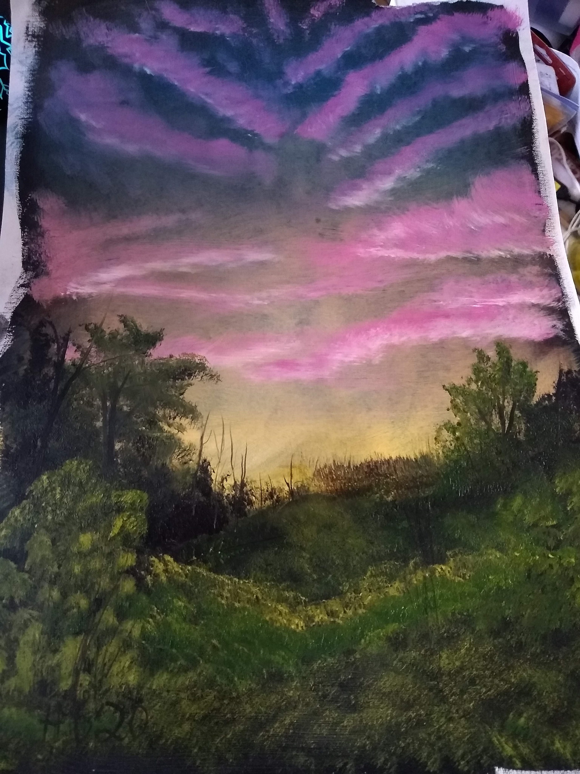 A painting of a forest at twilight with pink clouds in the sky