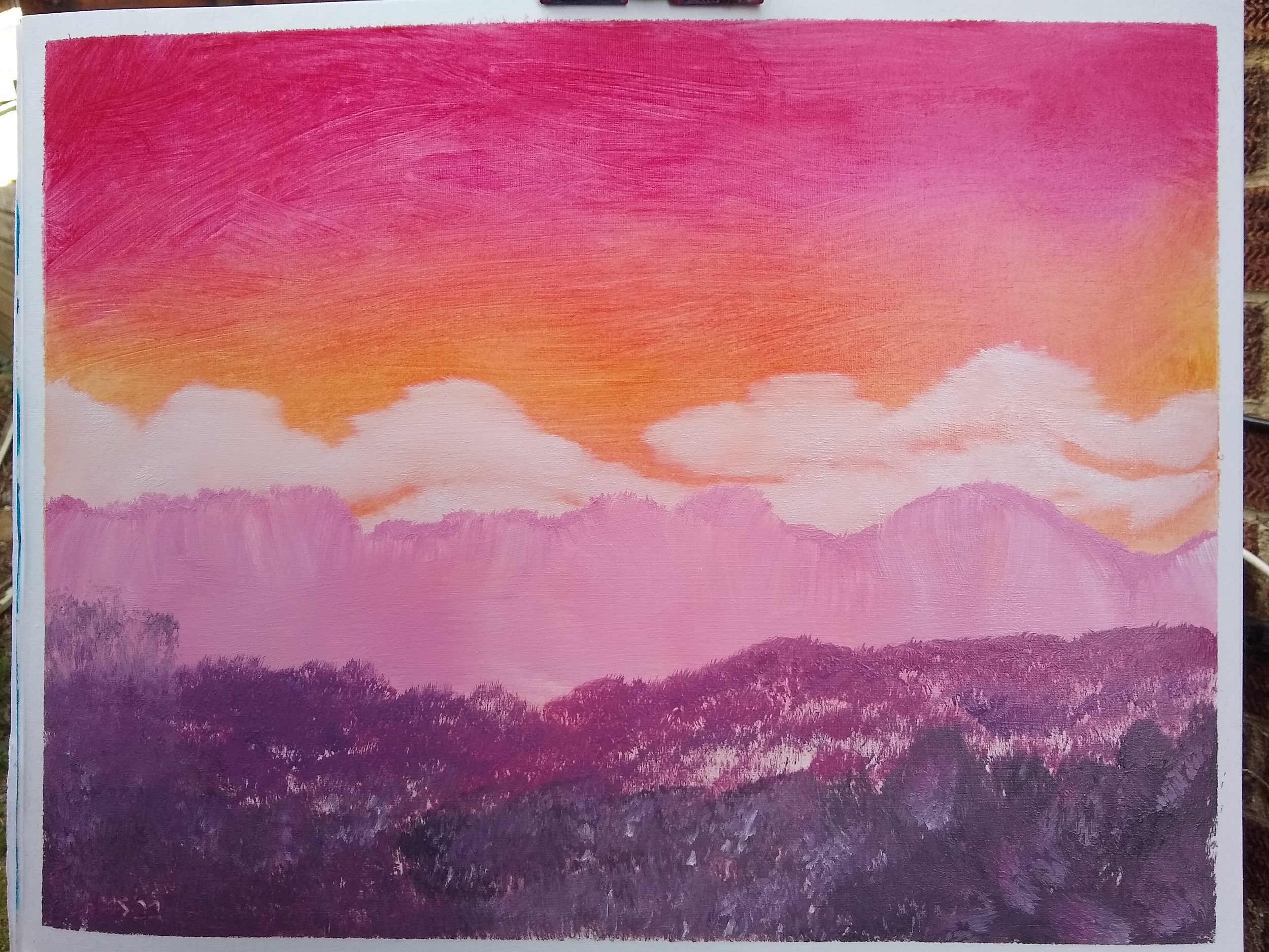 A bright pink and purple landscape done in the colours of the lesbian pride flag