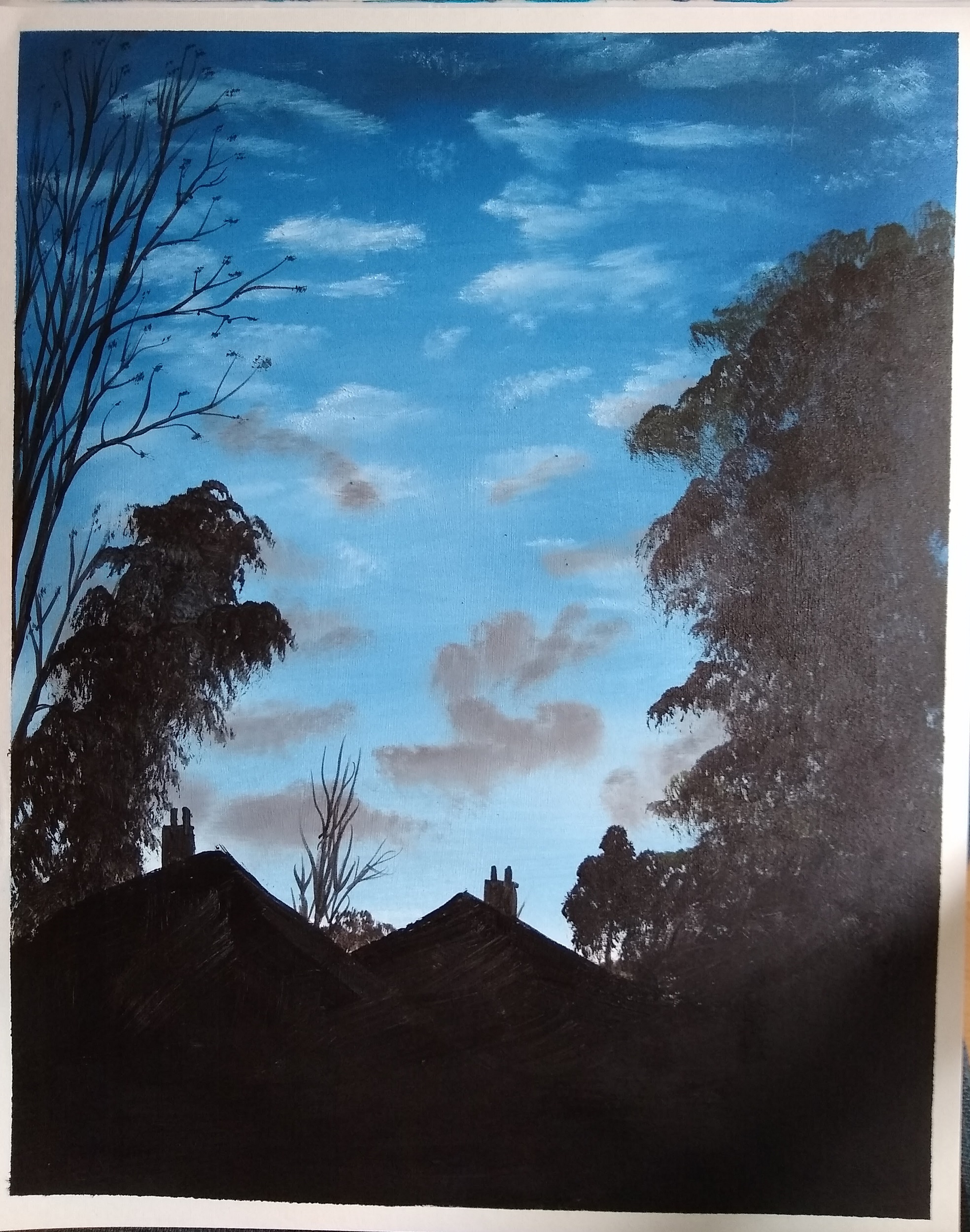 A painting of a suburbian twilight sky