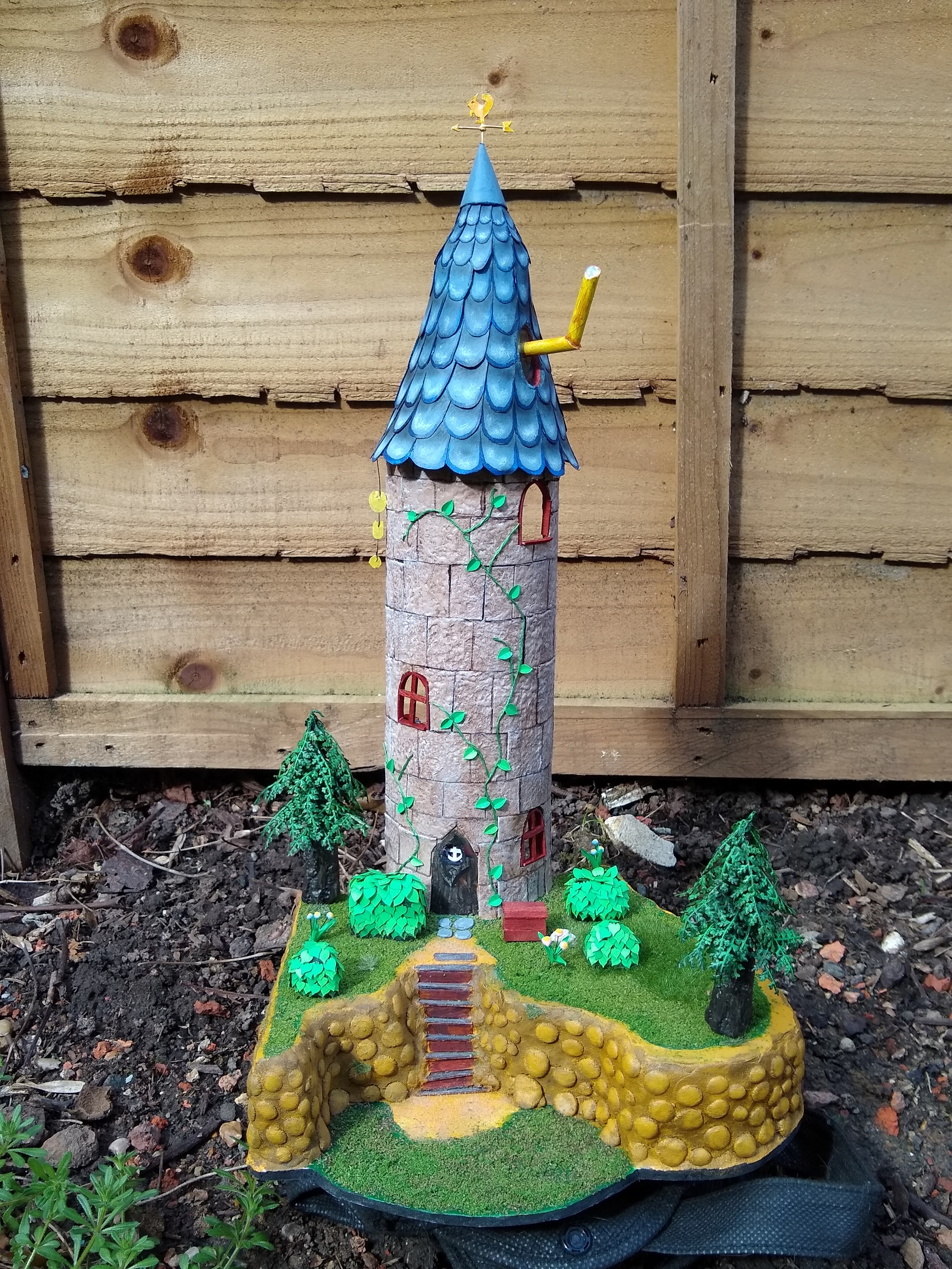 A quarter scale model of the wizard tower from Stardew Valley, view from the front